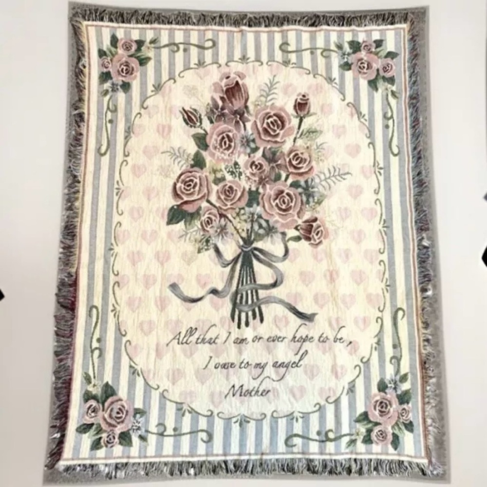 Vintage My Angel Mother Rose Bouquet Tapestry Throw Blanket Fringed 45x56”